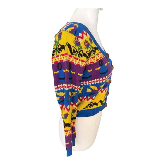 Vintage Betsey Johnson Punk Label Crop Cardigan Alley Cat Fair Aisle Print L Mod - Picture 7 of 16